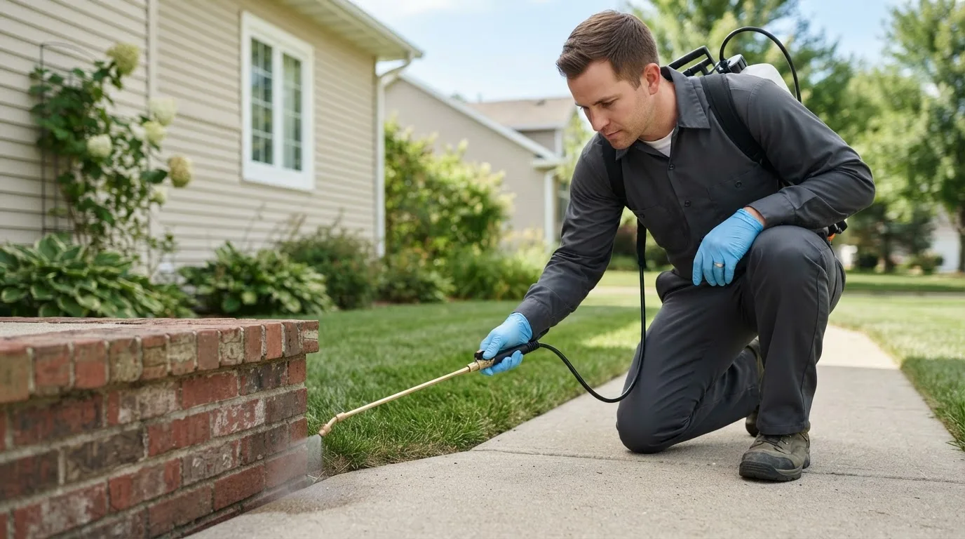 Pest control technician treating a home near Pengilly, MN